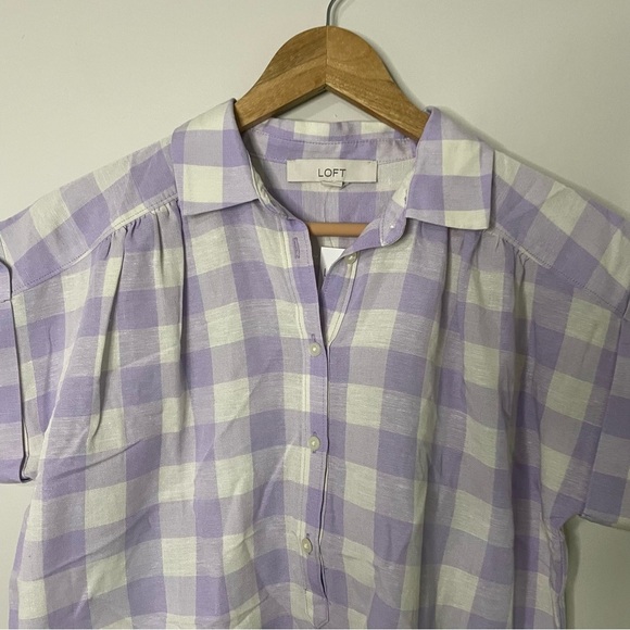 [LOFT] Purple and White Check Print Popover Linen Blend Short Sleeve Top - Picture 2 of 7